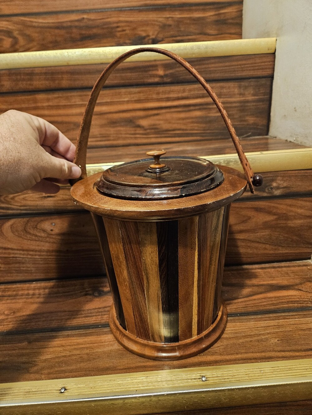 Vintage MCM Wood Ice Bucket Inlaid Marquetry Barware Tooled Leather Handle 70s